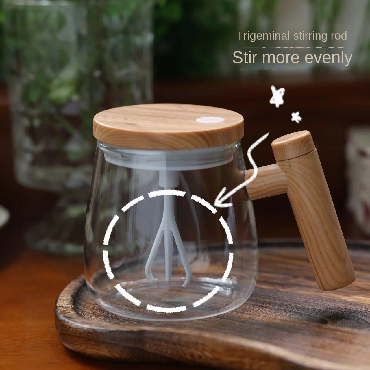 Capacity Scale 400ml Automatic Portable Electric Coffee Tea Milk Cocoa Mixer Cup  Magnetic Self Wooden Design Glass Stirring Mug