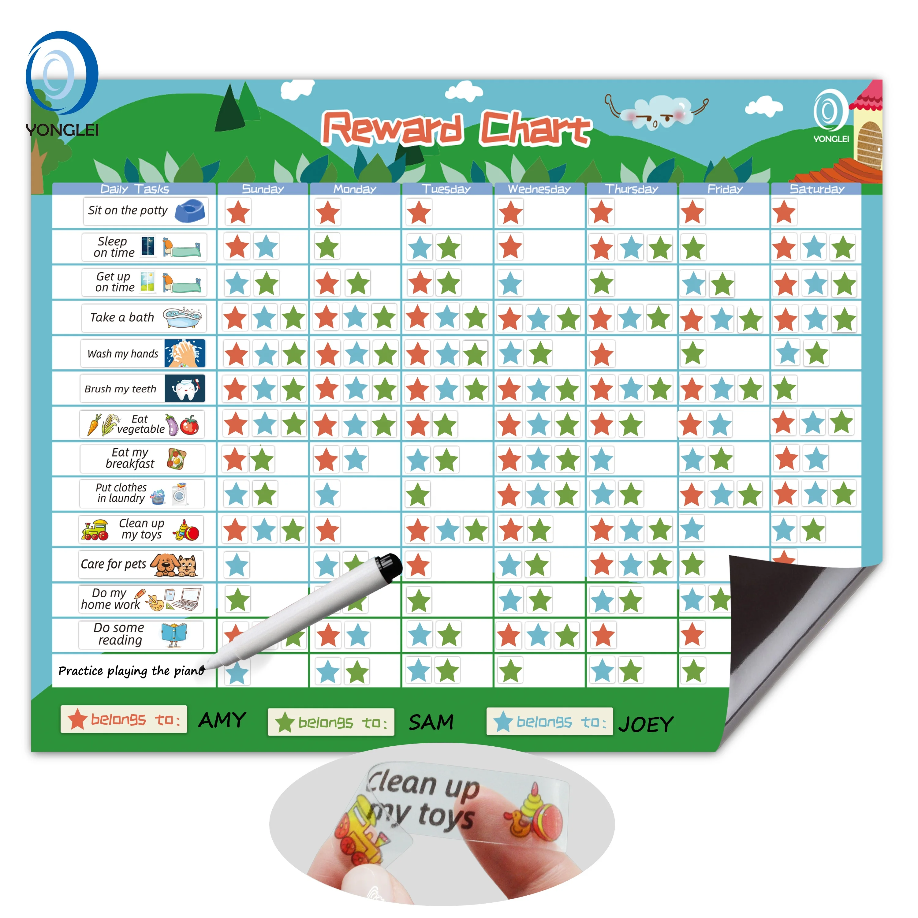 RC1.5-2A2 Nanotechnology dry erase magnetic chore board potty training reward chart with stickers