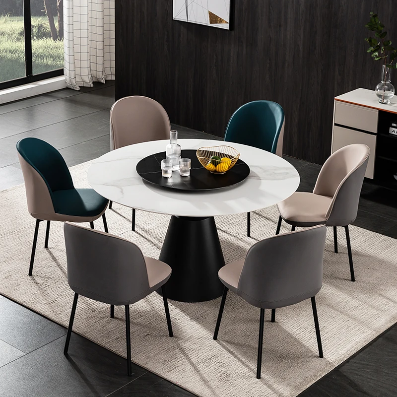 Modern luxury style dining room furniture white round marble top dining table set with turntable and 6 chairs