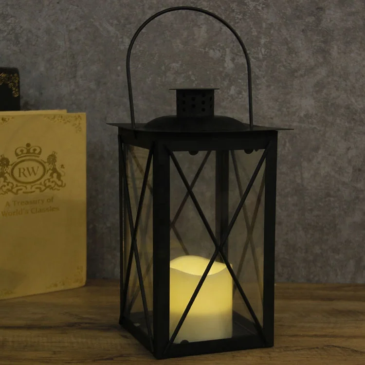 Wedding Decorative Battery Black Candle Holder Outdoor hanging Moroccan Iron Metal LED Lantern with Flameless Candle
