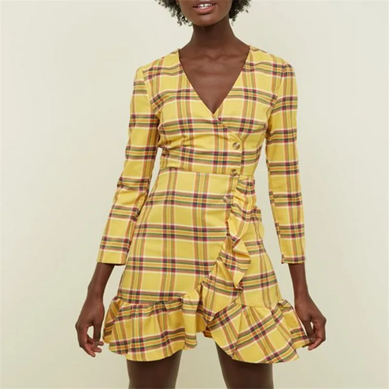 Платье с длинными рукавами и v-образным вырезом Doll Yellow Check