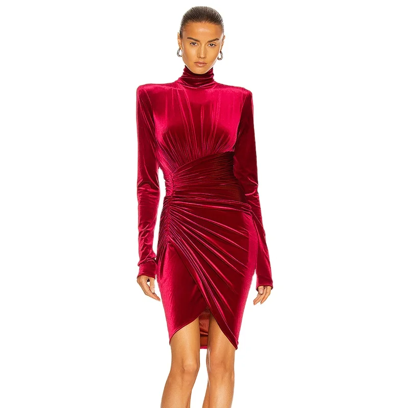 Customized high neck velvet dresses long sleeve girl clothing spandex wear