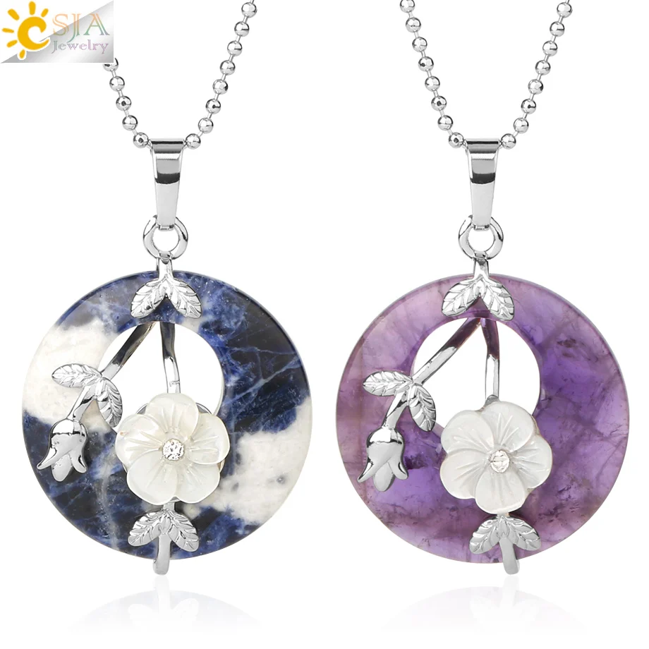 CSJA new natural stone mother necklaces zinc alloy carved flower leaf turquoises healing crystal pendant jewelry necklace G385