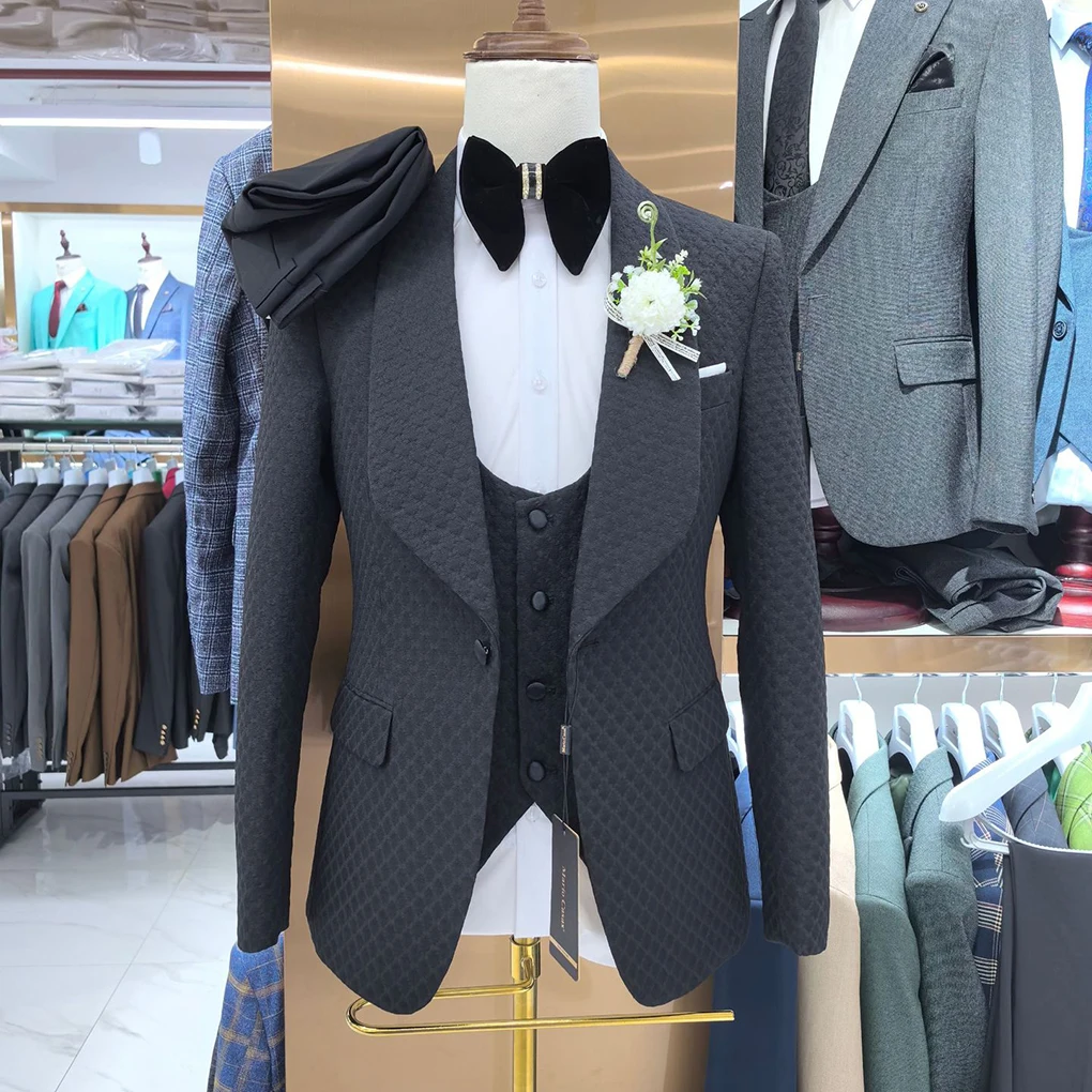 New Fashion Jacquard 3-Piece Slim Fit Business Suit for Adults Single Breasted Blazer for Wedding or Social Events