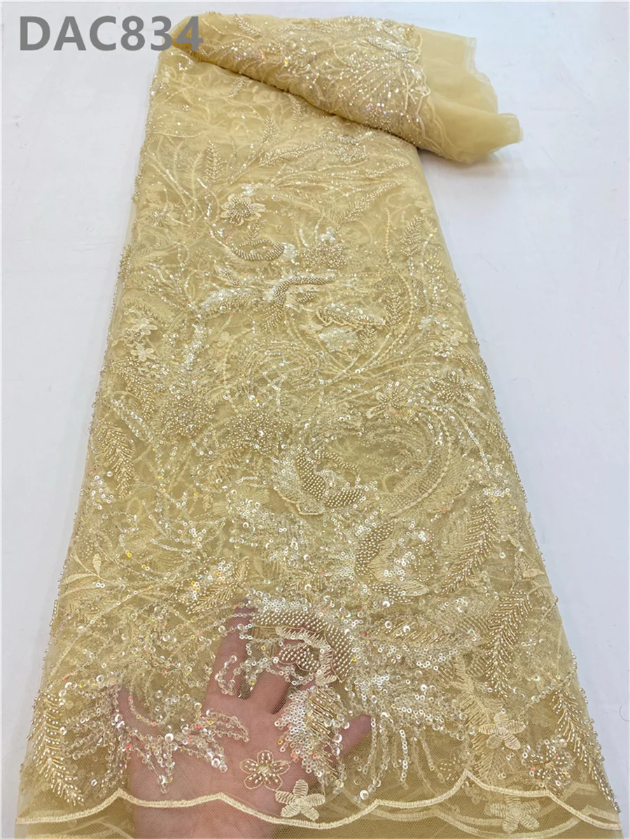 Luxury French Navy Blue Handmade Applique Pearl Beaded Lace Fabric With Sequins Embroidered