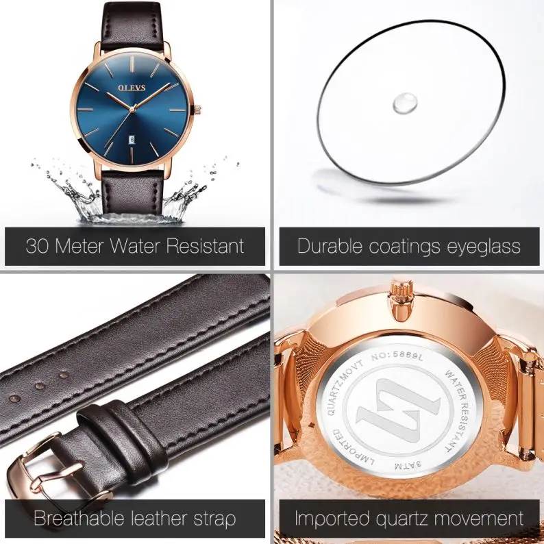 OLEVS 5869 luxury classic lovers quartz watch superior Genuine Leather band Waterproof date display low moq business wrist watch
