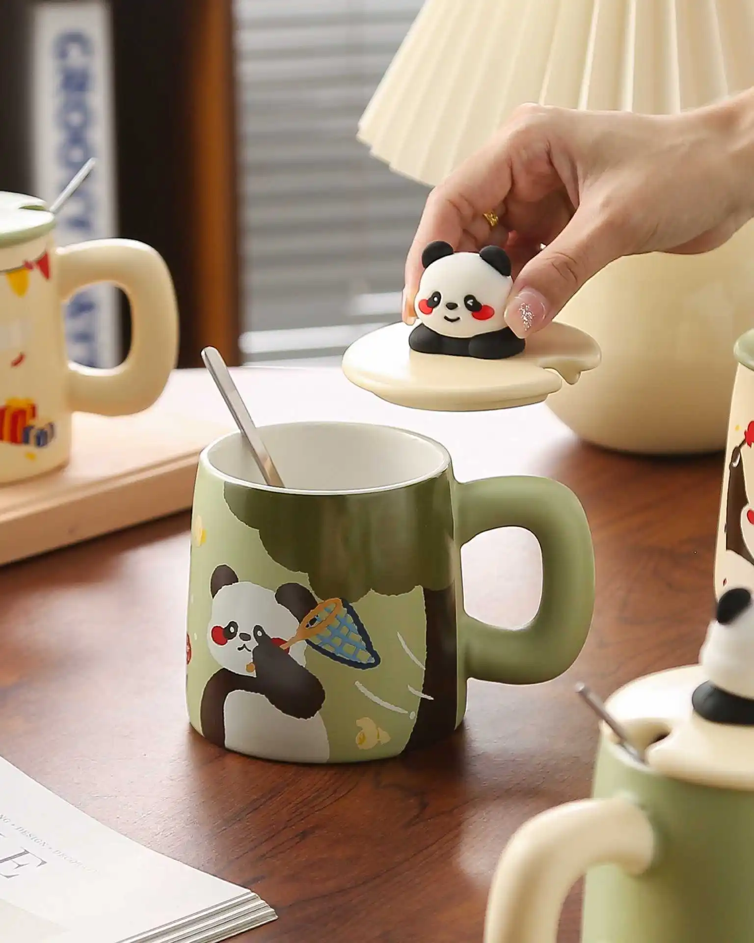 High-value cup cute panda ceramic cup with lid ladle water cup set gift for girlfriends and boyfriends