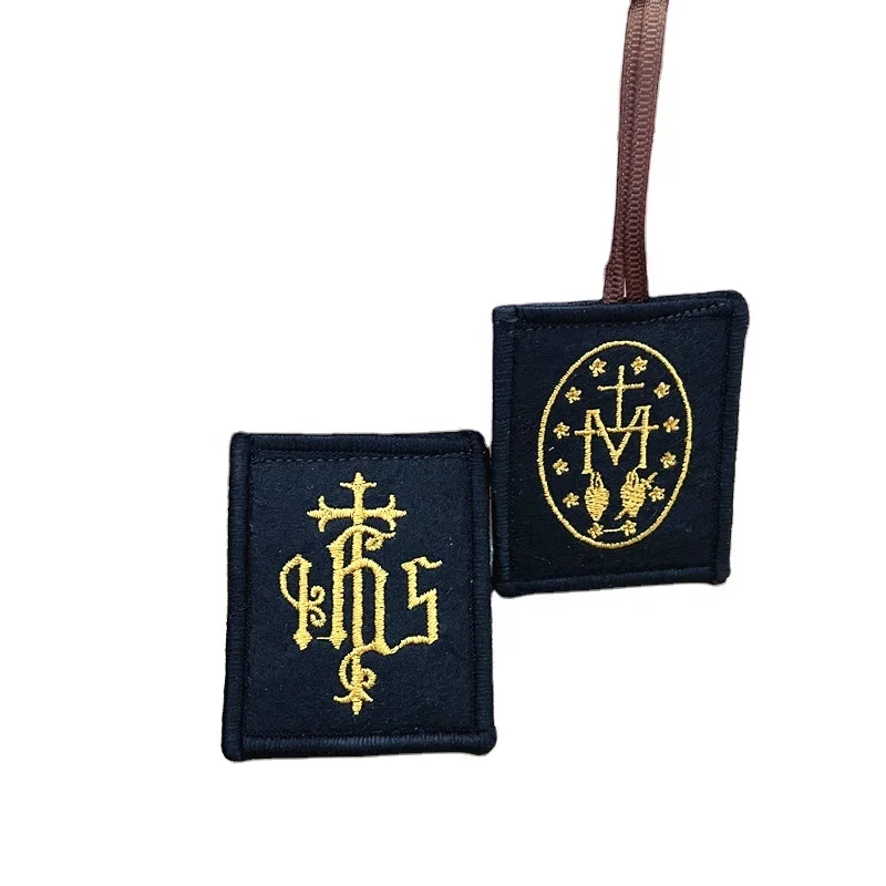 
I.H.S. and Carmelite Shield Wool Panels Brown Scapular 