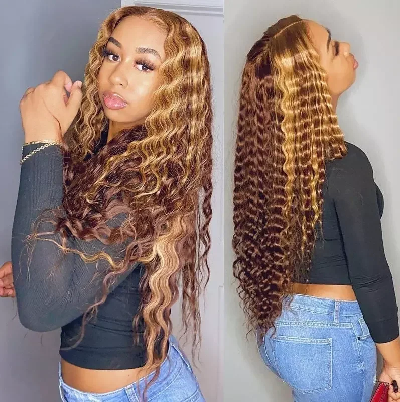 Deep Curly Human Hair Wigs Highlight Brown/Blonde Brazilian Virgin Hair Wigs Pre Plucked Human Hair Lace Front Wigs