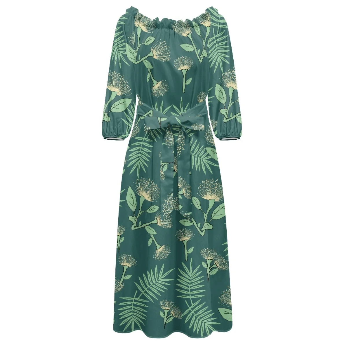 Custom Native Hawaiian Tribe Ohia Lehua Print Casual Dress Sublimation Hawaii Lehua Flower Dress Women Casual One-shoulder Dress