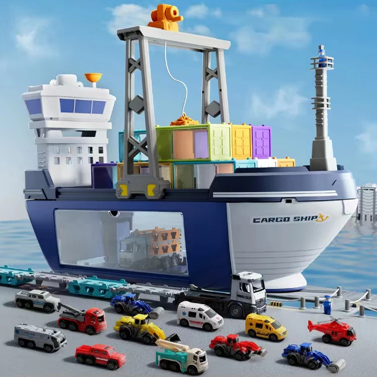 Luxury Giant Large Container Ship Kids Toys Cargo Ship with 18 Containers 12 Plastic Toy Cars and 1 Cargo Trailer Truck