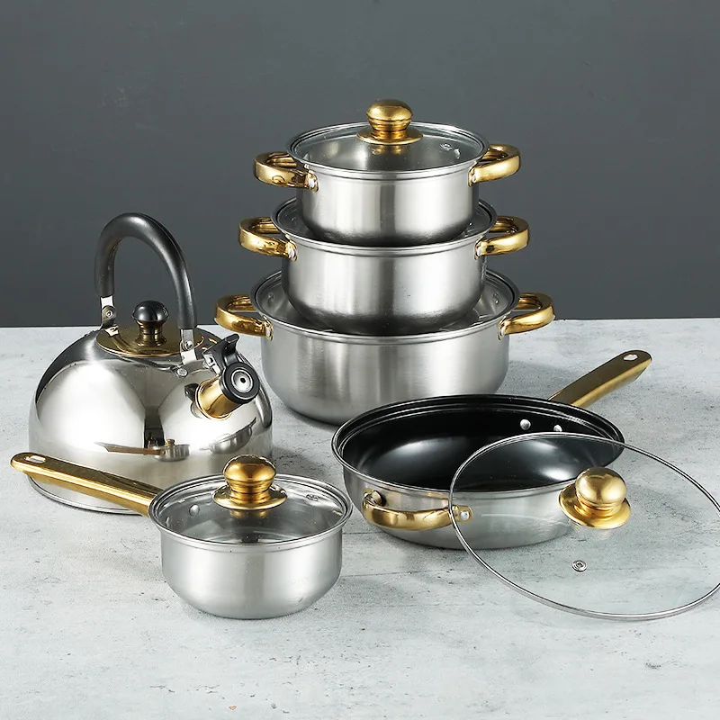 12 pieces kitchen casserole set Golden Handle 12pcs Set of Pots Non stick Inner Tank for Frying Pot