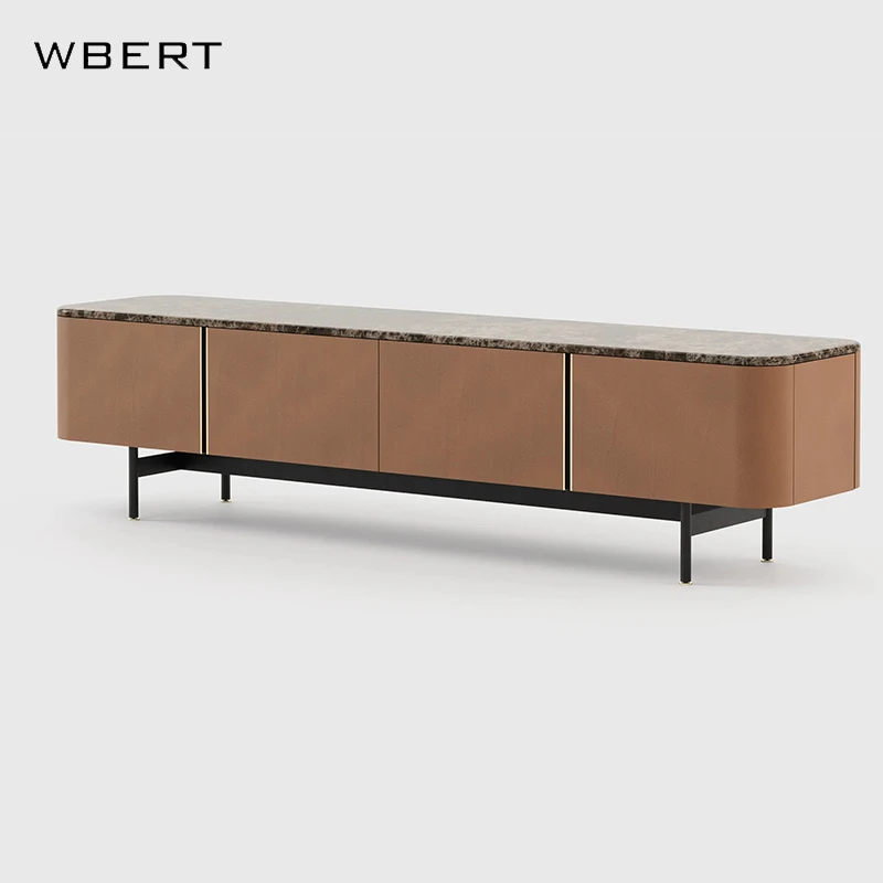 WBERT Italian Minimalist Smoked Solid Wood TV Stand Modern Luxury Marble Surface  for Living Room Low Cabinet