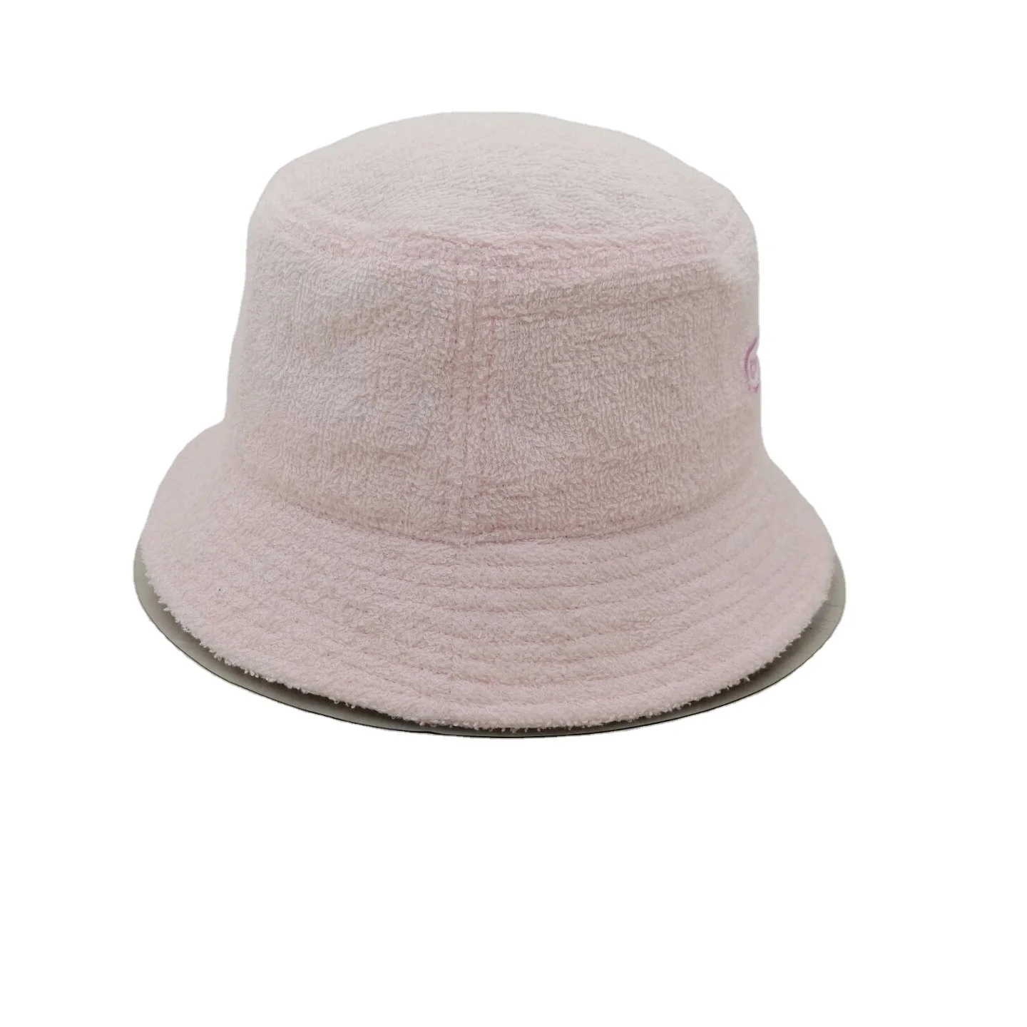 Custom lighter pink terry towel bucket hats with front embroidery