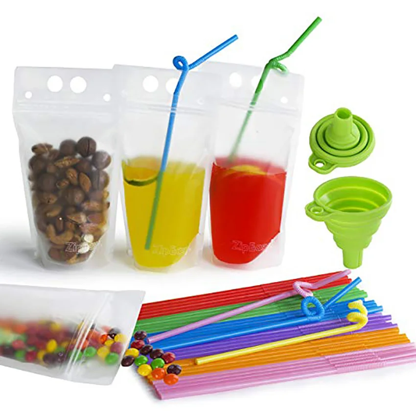 
In Stock and Custom Juice Sealed Drink Pouches Clear Reclosable Hand Held Zipper Plastic Drinking Bags With Plastic Straw 
