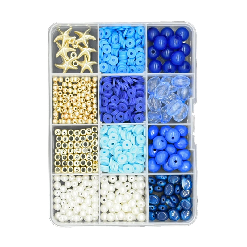 Hot Sales Style 12 Grids Deep Blue Gold Polymer Clay Spacer Imitation Pearl Charms Stone Beads For DIY Jewelry Making Kit