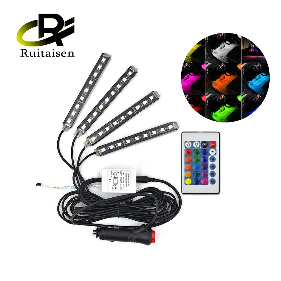 Светодиодная лента RGB для подсветки салона автомобиля, 24/36/48 атмосферный окружающий свет с USB-прикуривателем, музыкальным приложением и дистанционным управлением