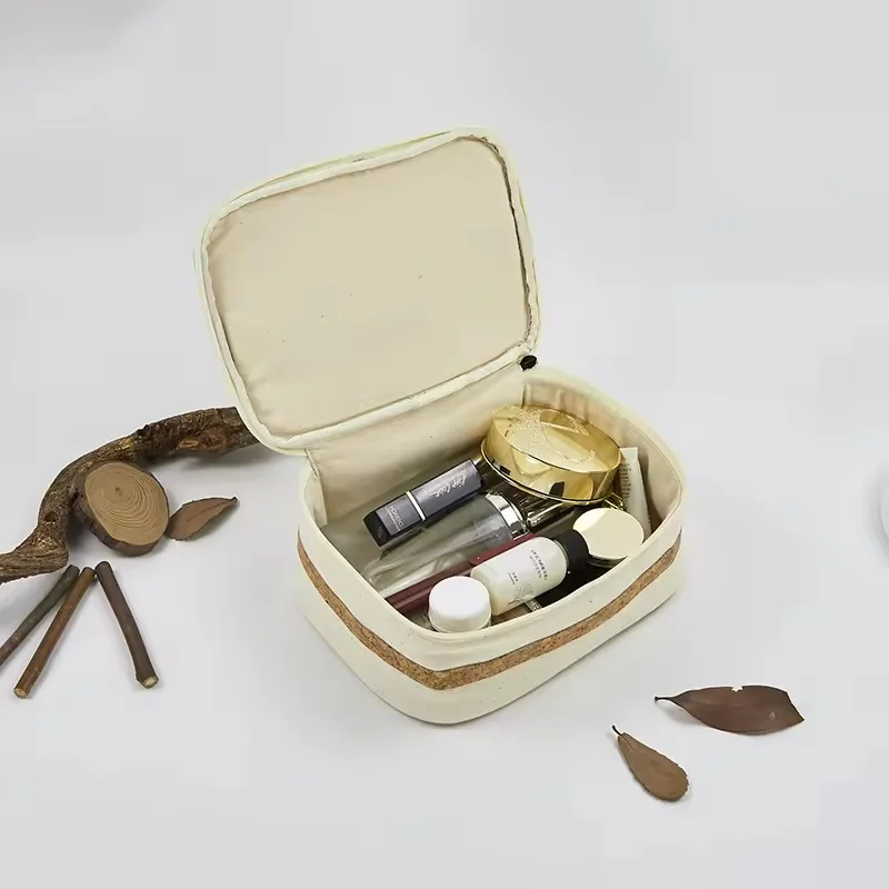 Primary Color Wood Grain Pattern Canvas Travel Toiletries Storage Bag Set Eco-friendly Cork Cosmetic Bag