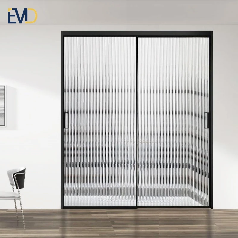 Slim frame black sliding glass doors patio interior divider partition fluted glass sliding door