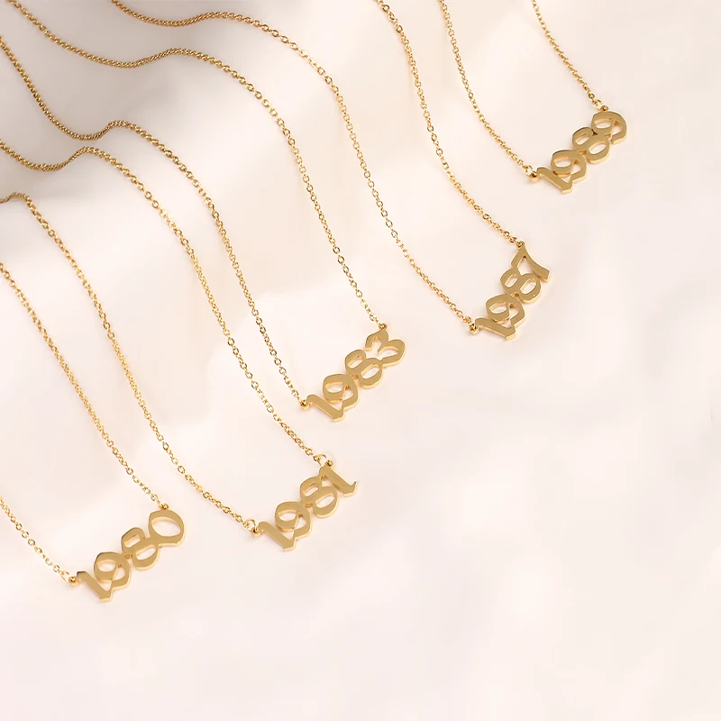 Wholesale Custom Women Jewelry Non Tarnish Free Waterproof Number Pendant 18K Gold Plated Stainless Steel Birth Year Necklace