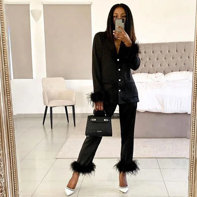 Ladies Nighty Simulation Silk Sleepwear Set Loungewear Homewear Feather Pajama Women 2 Pieces Pajamas For Women