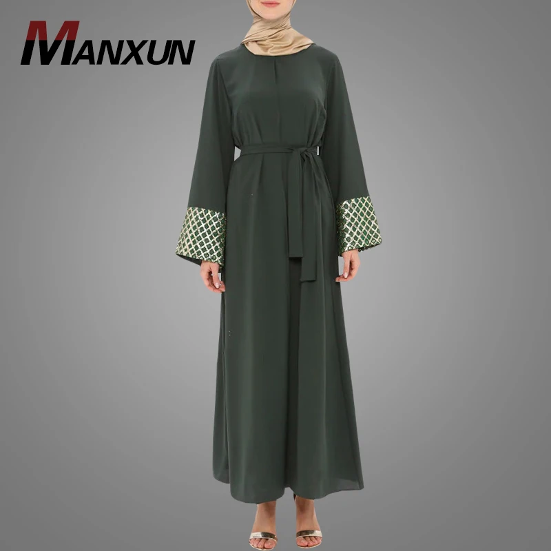 Simple Design Long Sleeve Burqa Muslim Dress Green Open Abaya With Belt Loose Islamic Clothing Kimono Cardigan