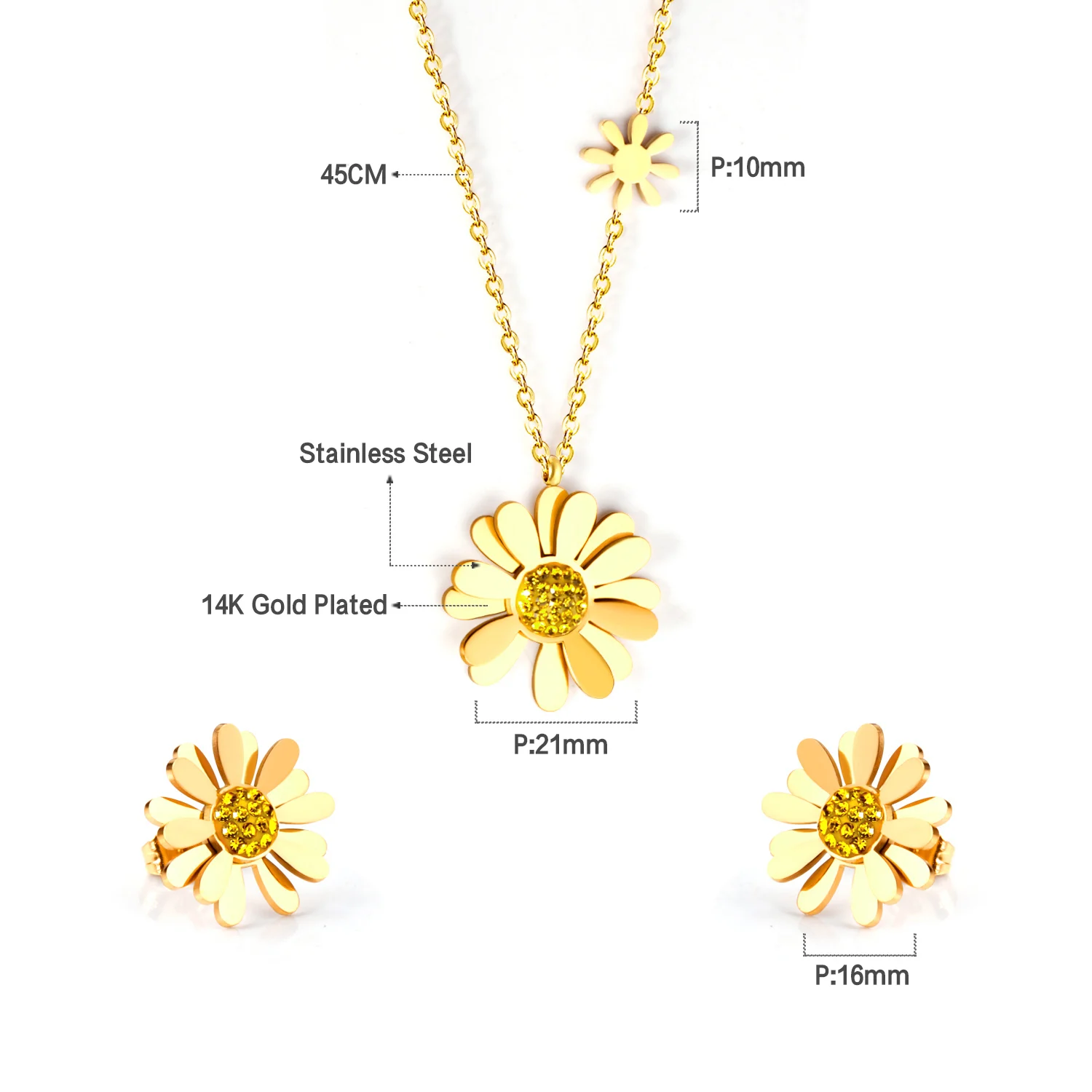 Flower 24k Gold Filled Diamond Ladies Girls Cute Necklace Earring Stainless Steel Jewelry Sets
