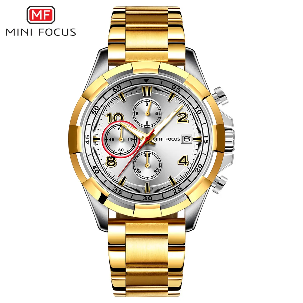 
Mini focus 0198 stainless steel chain black color wrist watch custom cheap chronograph luxury analog watches for men 