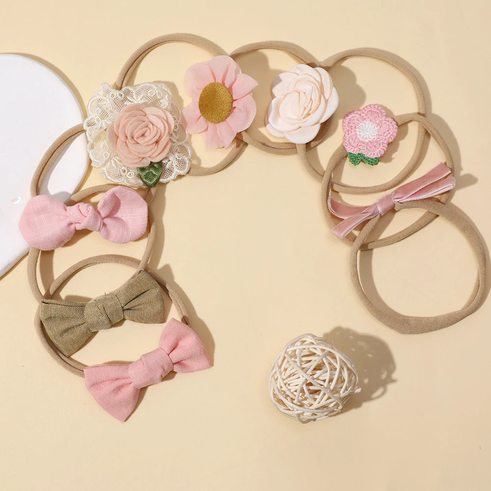 8-Piece Pink Rose Hair Band Set for Baby Girls Fabric and Rubber Lace Wave Dot Bow Accessories with Knots Sweet Style