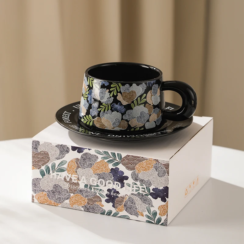 Hot Summer Flower Garden Vintage Design Ceramic Cup Mug Coffee Cup set Coaster dish White Black Custom Ceramic Porcelain Cup