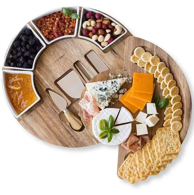 
Eco Friendly Wood round Cheese Board With Stainless Steel Knife set And Ceramic Bowls 