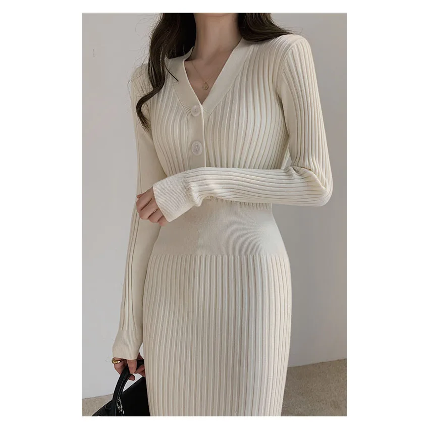 W3659 Women Fashion Casual Knitted Midi Dress Sexy V Neck Long Sleeve Basic Sweater Dress Autumn Office Lady Elegant Slim Dress