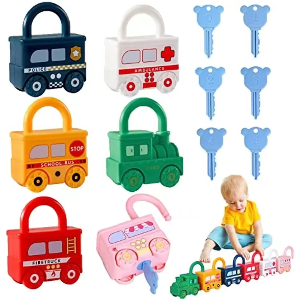 Children Educational Toys Kids Learning Lock with Keys Car Numbers Matching & Counting Montessori Math Teaching Lock-Picking Toy