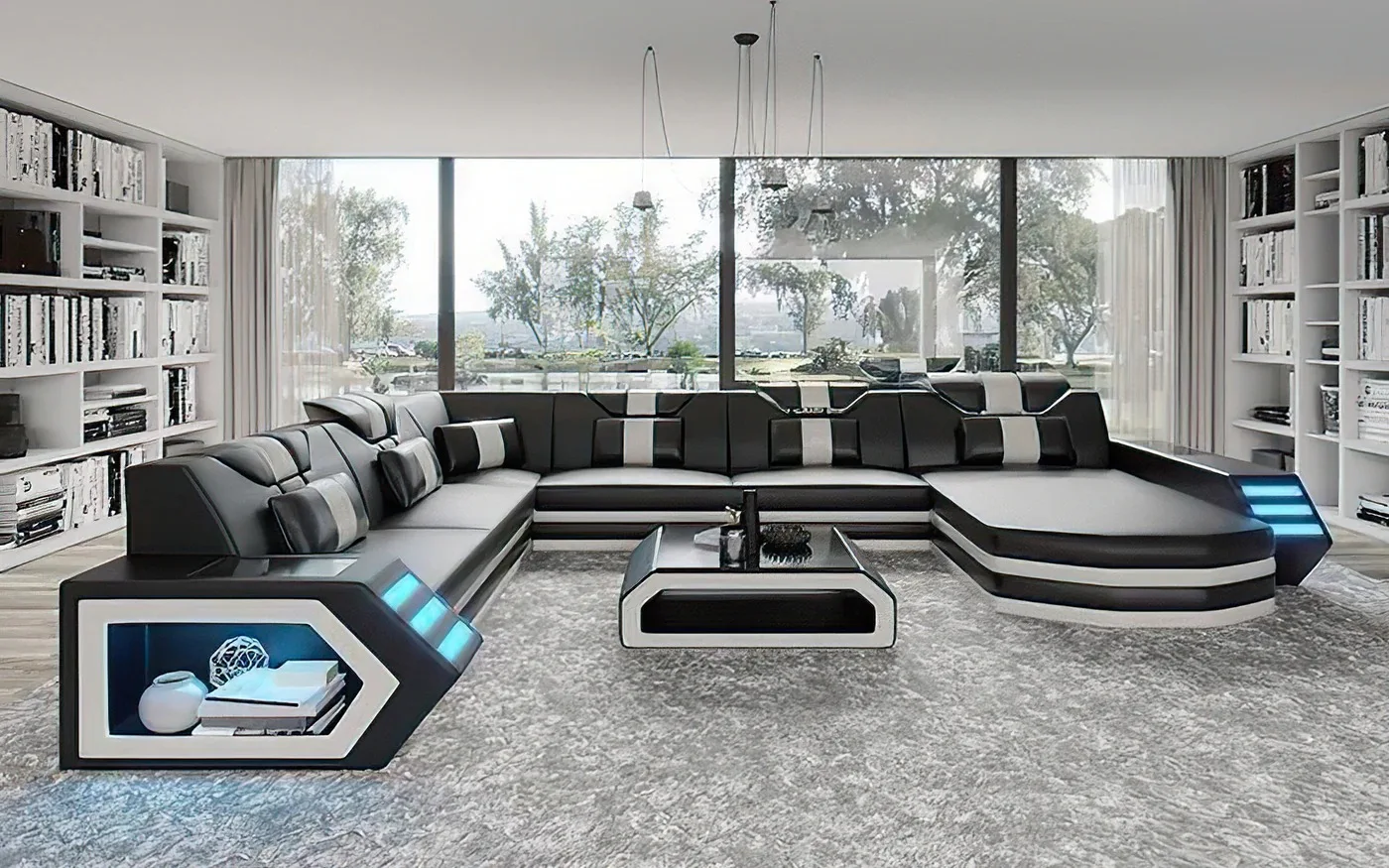 Modern design luxury leather fabric sofa with LED light music player for living room