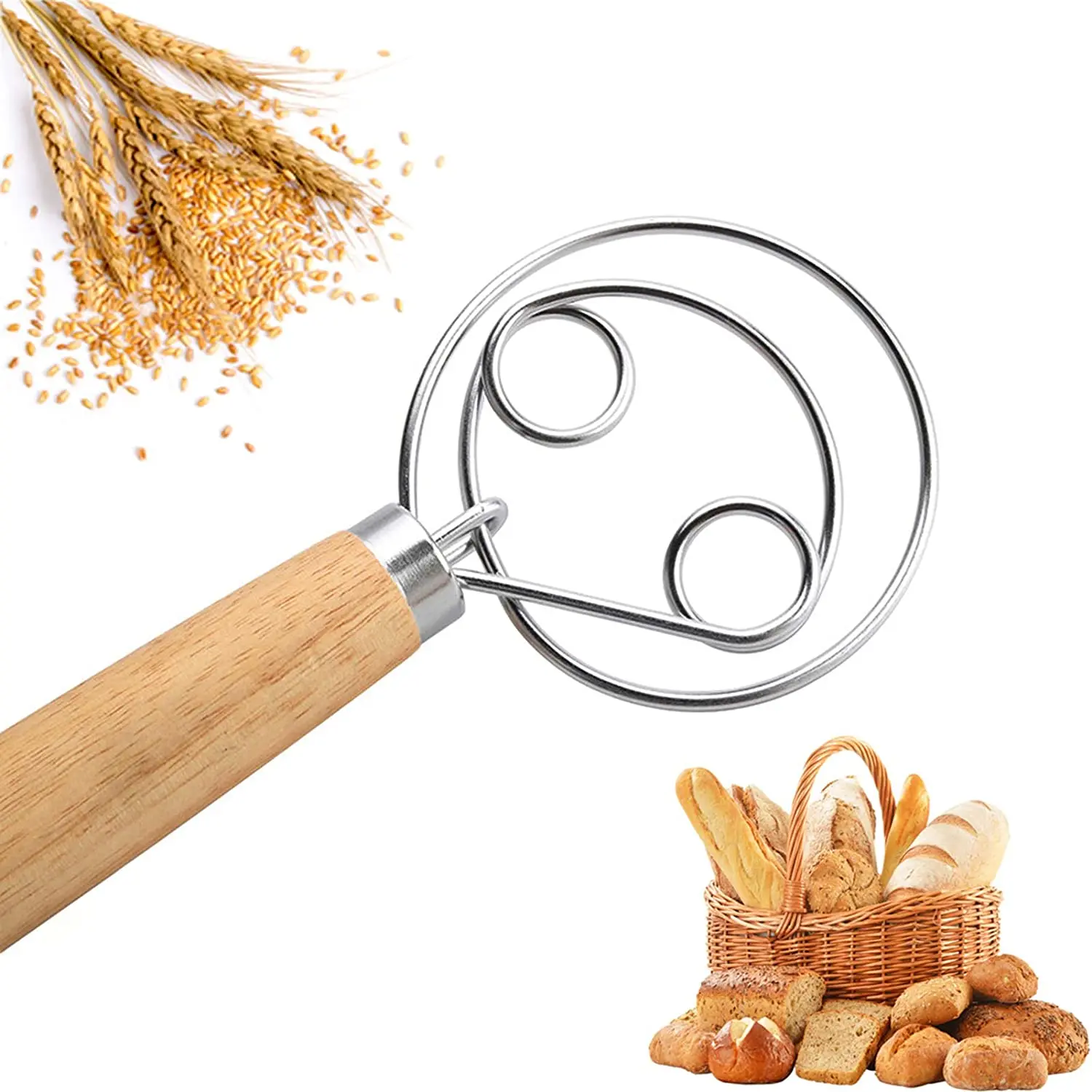 Частная марка Длинная Деревянная ручка и нержавеющая сталь хлеб датский венчик инструмент для выпечки теста Смешивания