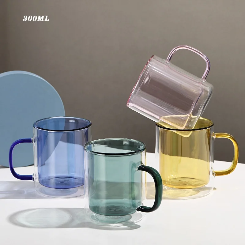 Clear borosilicate double wall color glass mug with handle