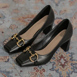 2022 New High Quality Women Pumps Metal Chain Decoration Sexy Shallow Square Toe Female Office High Heels Shoe