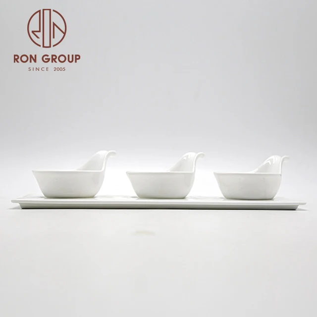 Wholesale Good Quality Restaurant Tableware Sauce White Porcelain Serving Plate Tray Bowls Sets Snack Ceramic Dishes with Handle