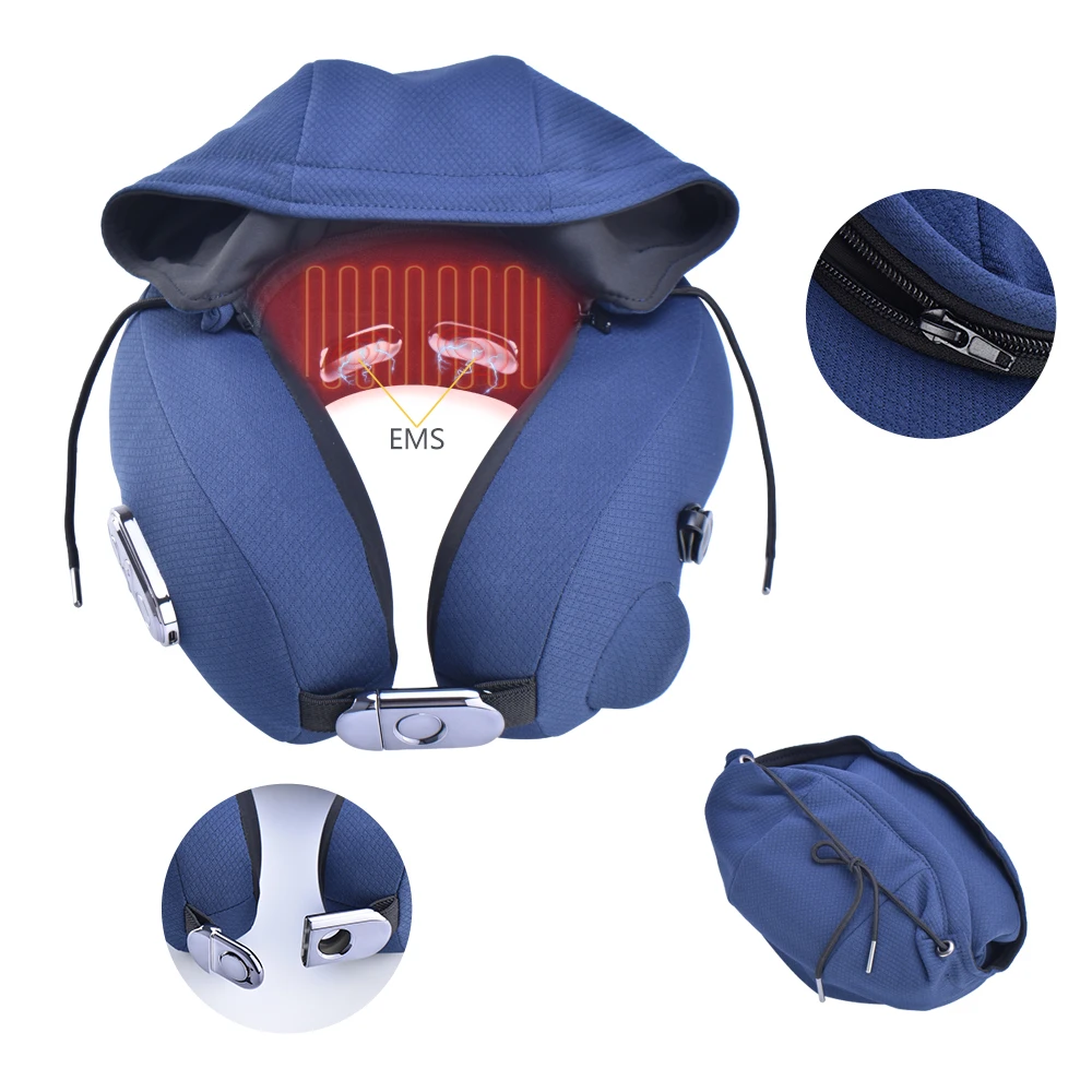 Folding portable electric pulse air heated EMS U shape neck massager travel pillow