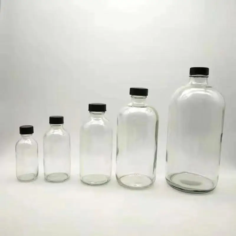 Simple Clear Amber Blue Glass Bottle For Syrup Screw Finish Wide Mouth Boston Round GPI Standard Finish Buston Bottle Glass 16oz