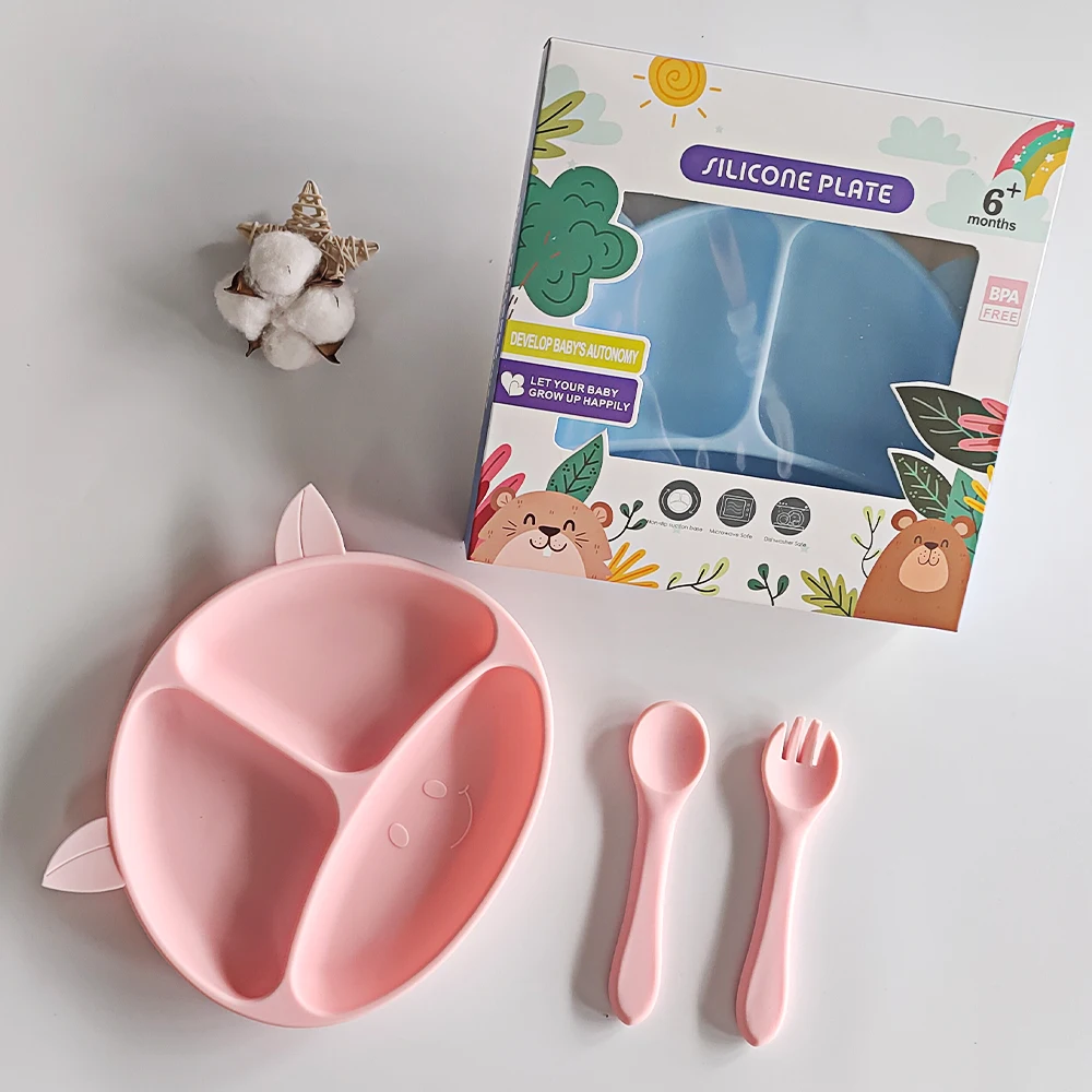Manufacturer custom baby food grade silica gel tableware baby slip belt suction cup anti-spill feeding tableware set