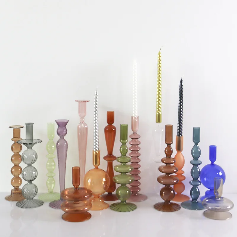 Borosilicate Hand Blown Clear Colored Tall Candlestick For Wedding Home Glass Candle Stick Holder