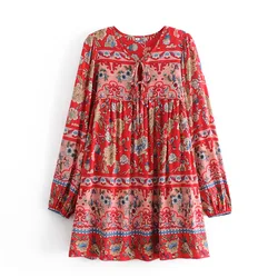 Shopify Rayon Cotton Floral Print Tunic Dress Long Sleeve Bohemian Style Short Casual Dresses Women