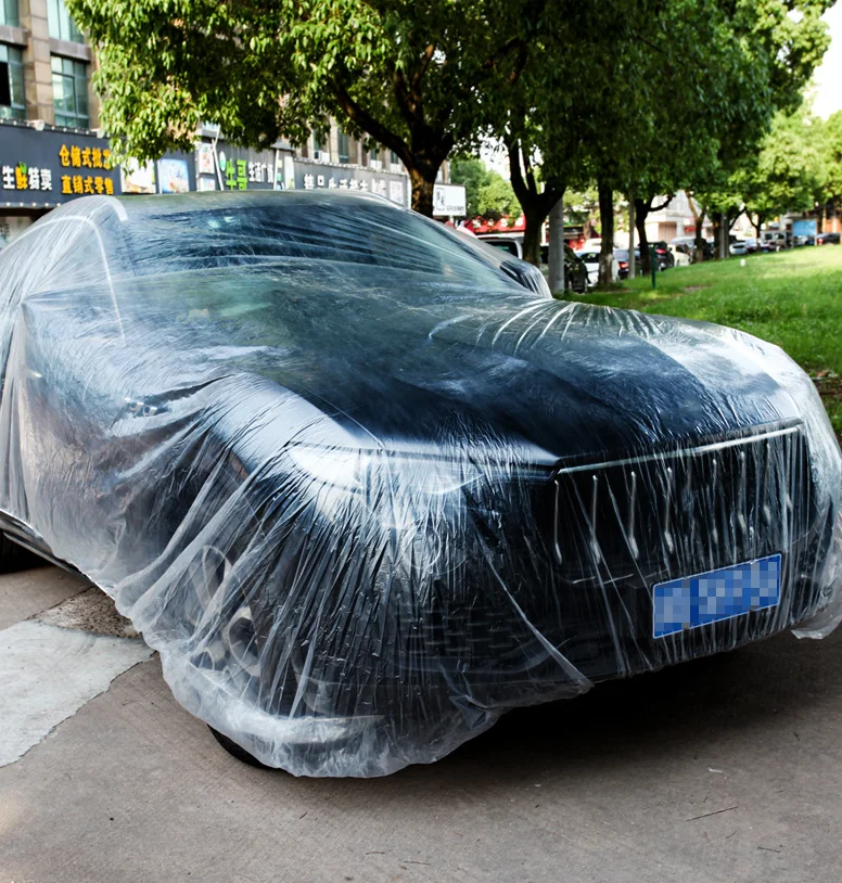 Protective Car Cover Transparent Plastic Auto Dustproof Covers With Elastic Band Rain Dust Resistant Scratch-Proof
