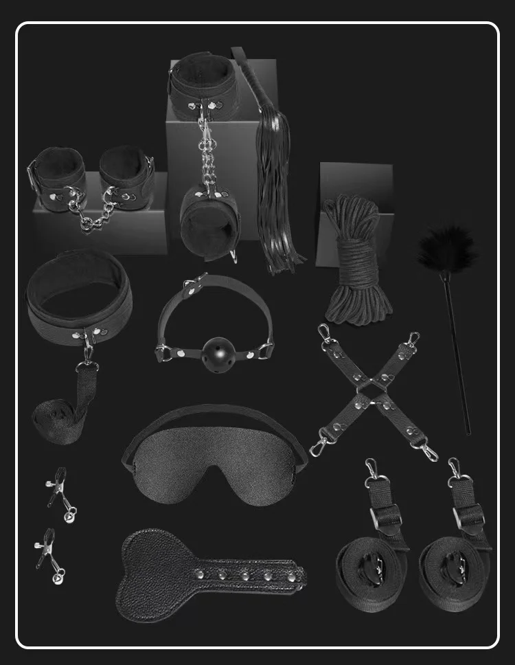 18 piece set Leather Bondage Kit SM Passion Fetish Bed Restraints BDSM Handcuffs Gag Whip Collar Sex Play Bondage Set