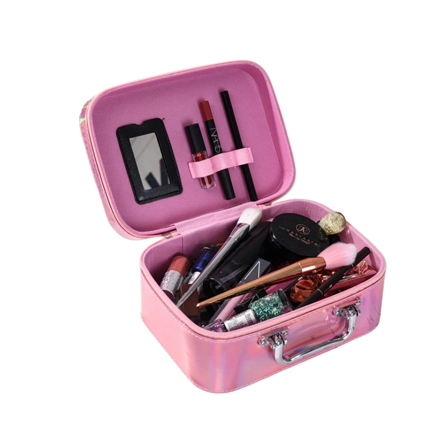 Portable Girls Pink Makeup Case PU Leather Waterproof Makeup Organizer With Mirror Light Weight Beauty Makeup Box