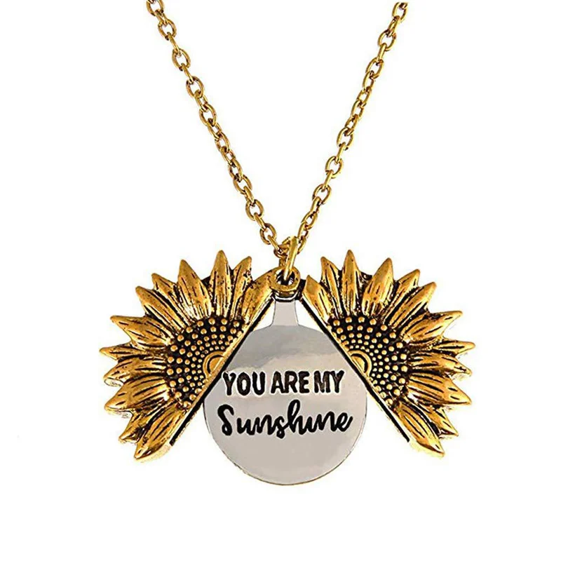 Wholesale Custom Design Women Gold You Are My Sunshine Openable Locket Sunflower Pendant Necklace