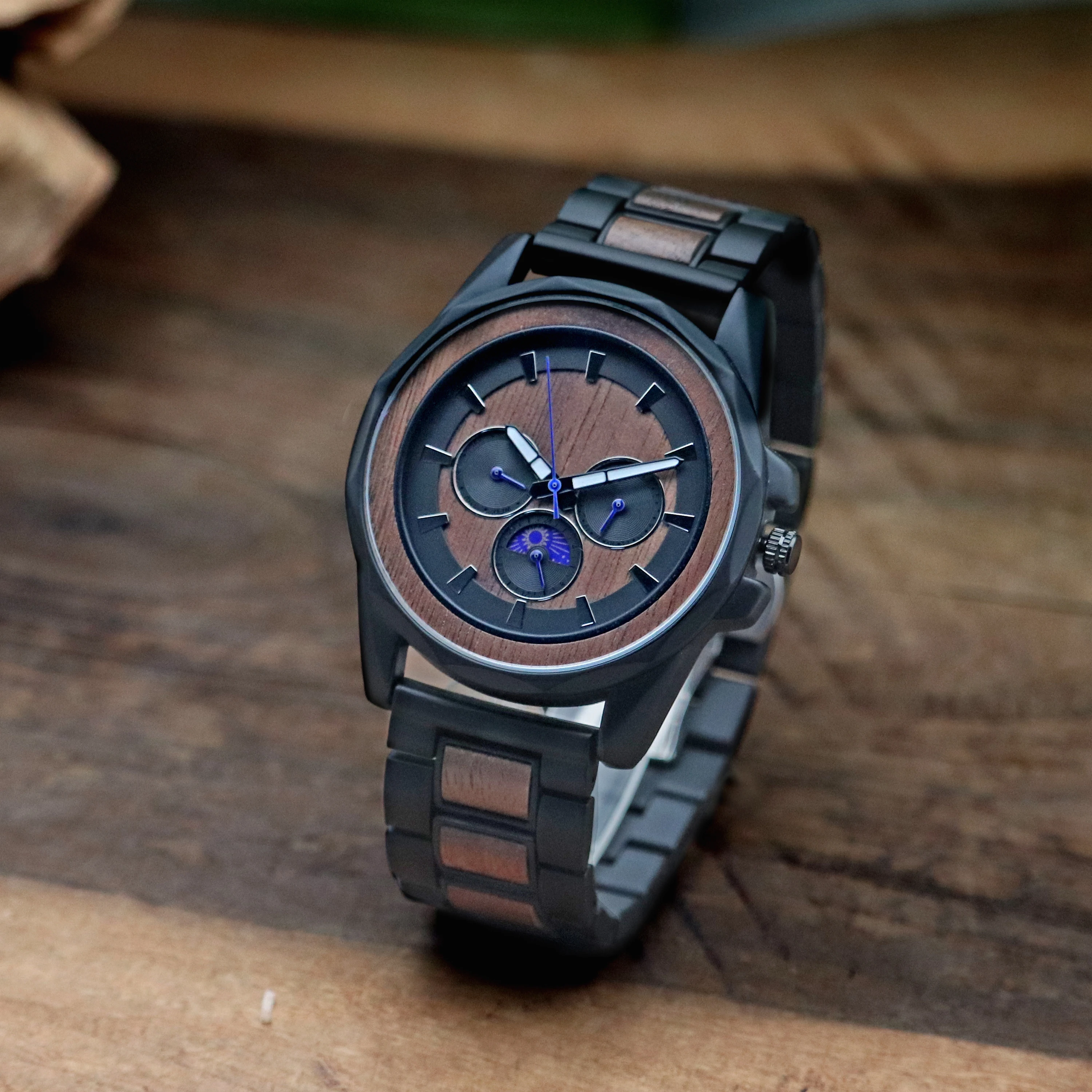 Popular Quartz Chronograph Custom Logo Wood Steel Watches For Men Luxury Stylish Wrist Watch