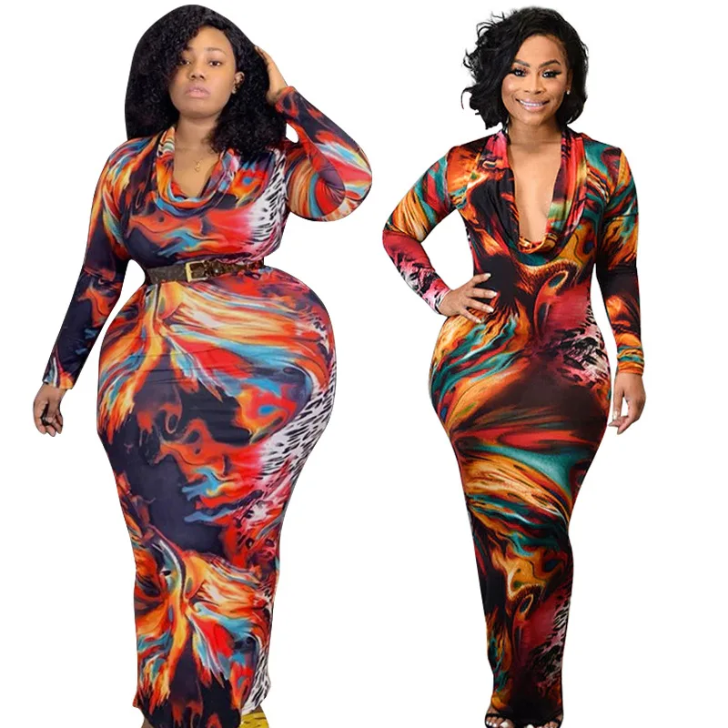 
Fashion V-neck Printed Plus Size Dress Women Dresses 