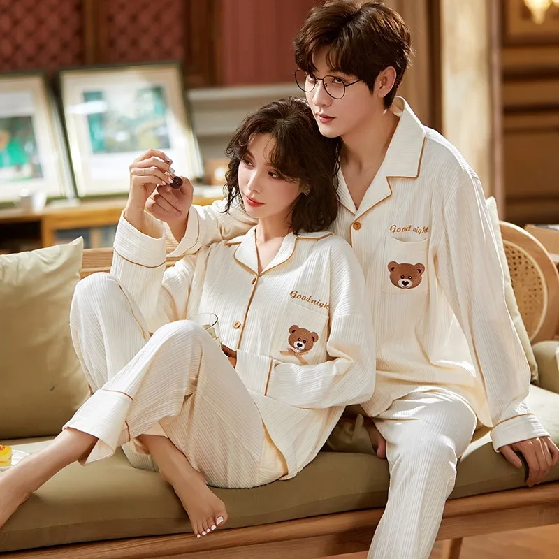 Cute Pattern Couple Pajama Set Cotton Long Sleeve Homewear Lovers Pajama Set For Couple